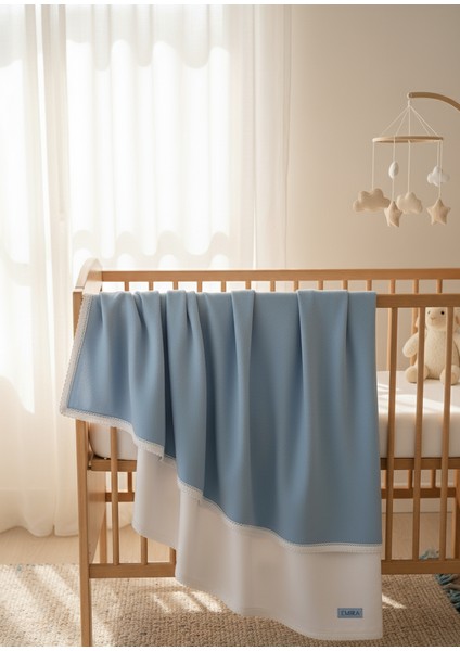 %100 Pamuk Pazen Bebek Battaniyesi Çift Taraflı Mavi Beyaz Keten Dantelli 100X100CM fiyatları