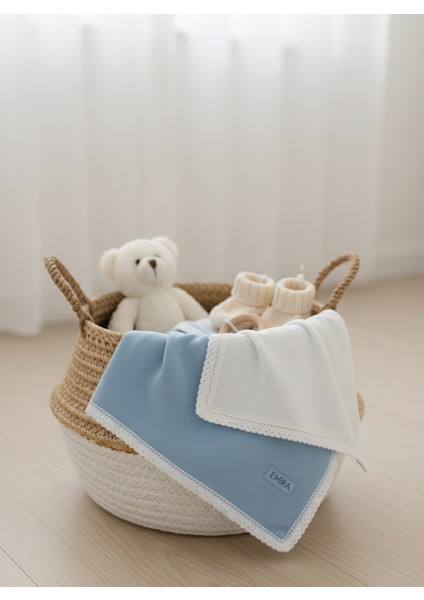 %100 Pamuk Pazen Bebek Battaniyesi Çift Taraflı Mavi Beyaz Keten Dantelli 100X100CM modelleri