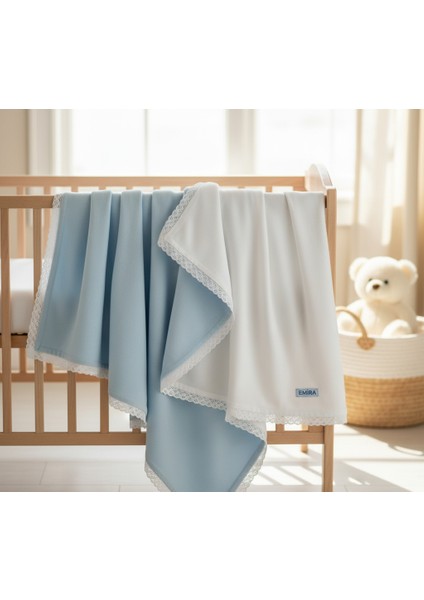 %100 Pamuk Pazen Bebek Battaniyesi Çift Taraflı Mavi Beyaz Keten Dantelli 100X100CM fırsatları