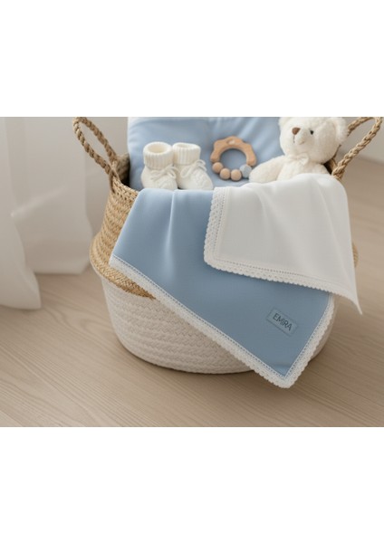 %100 Pamuk Pazen Bebek Battaniyesi Çift Taraflı Mavi Beyaz Keten Dantelli 100X100CM indirimleri