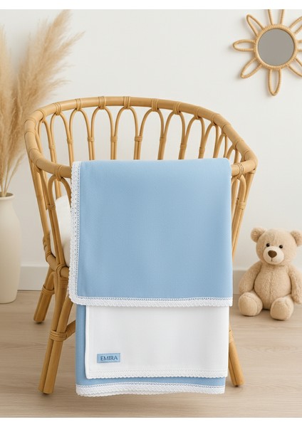 %100 Pamuk Pazen Bebek Battaniyesi Çift Taraflı Mavi Beyaz Keten Dantelli 100X100CM