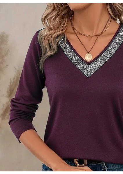Kadın Uzun Kollu V Yakalı Viskon Mürdüm Bluz modelleri