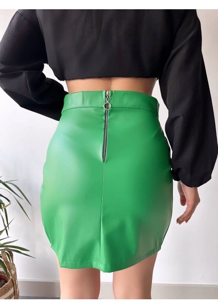 Dantelli Fermuarlı Deri Etek Yeşil W24598 fiyatları