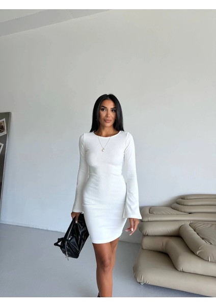Prenses Kol Esnek Kumaş Elbise Beyaz F2334 fiyatları
