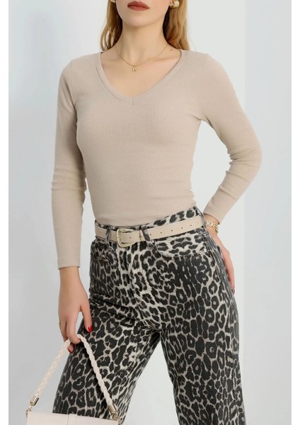 V Yaka Kaşkorse Bluz Bej A3699