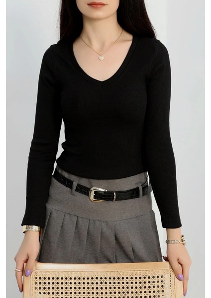 V Yaka Kaşkorse Bluz Siyah A3699