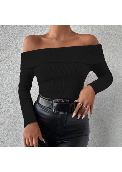 Uzun Kol Madonna Yaka Bluz Siyah