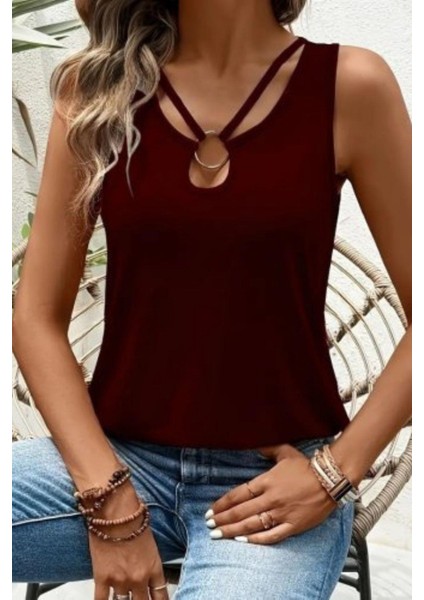 Çift Askılı Halka Detaylı Viskon Bluz Bordo