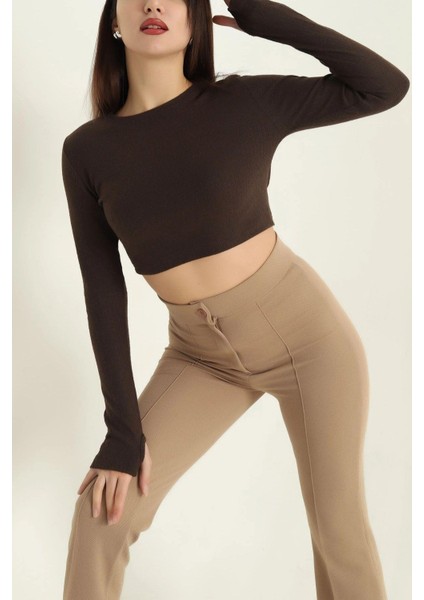 Bisiklet Yaka Parmak Geçmeli Crop Bluz Kahve