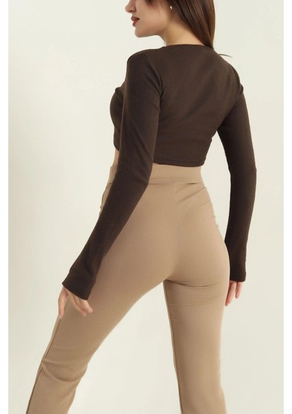 Bisiklet Yaka Parmak Geçmeli Crop Bluz Kahve fiyatları