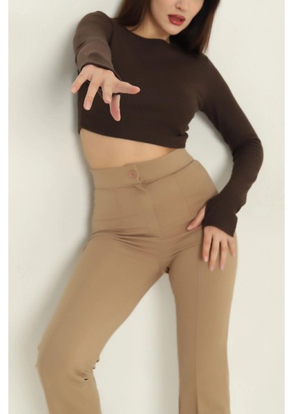 Bisiklet Yaka Parmak Geçmeli Crop Bluz Kahve modelleri