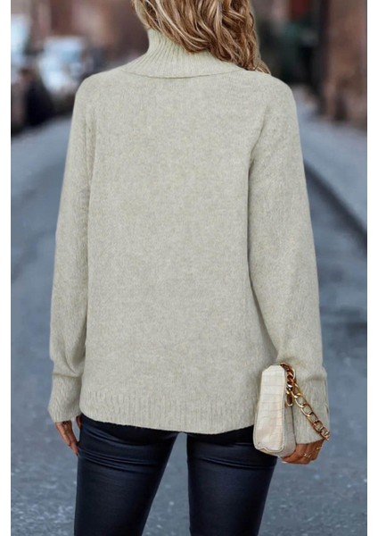 Uzun Kollu Balıkçı Yaka Triko Bluz Bej modelleri