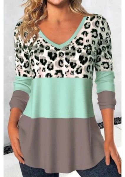 Uzun Kollu V Yakalı Leopar Baskılı Şardonlu Dalgıç Bluz Yeşil