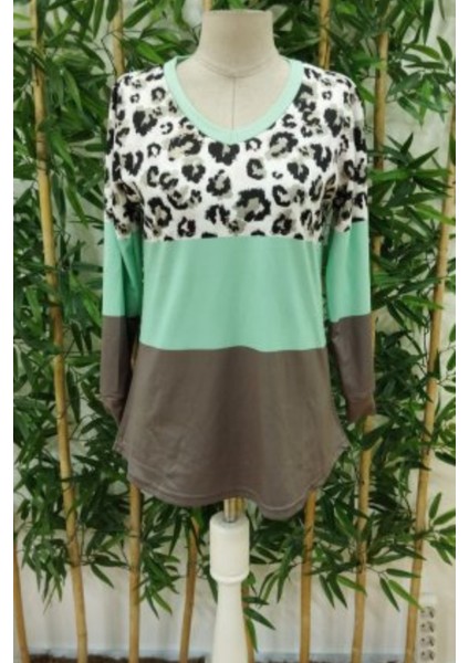 Uzun Kollu V Yakalı Leopar Baskılı Şardonlu Dalgıç Bluz Yeşil modelleri