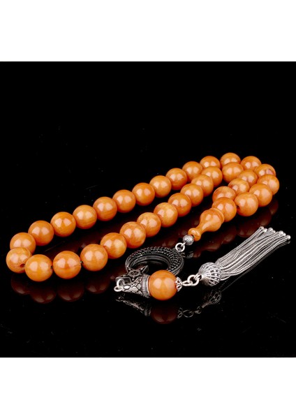 Eskitme Model Sıkma Kehribar Tesbih Ayyıldız Mikro Taşlı 925 Ayar Gümüş Püsküllü