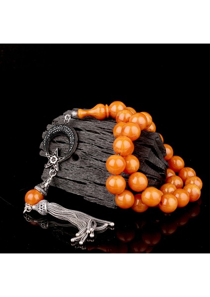 Eskitme Model Sıkma Kehribar Tesbih Ayyıldız Mikro Taşlı 925 Ayar Gümüş Püsküllü fiyatları