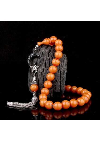 Eskitme Model Sıkma Kehribar Tesbih Ayyıldız Mikro Taşlı 925 Ayar Gümüş Püsküllü modelleri