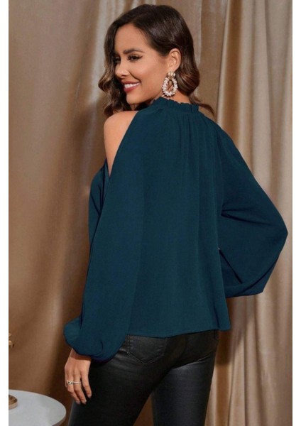 Omuz Pencere Detaylı Sandy Bluz - Petrol Yeşili modelleri