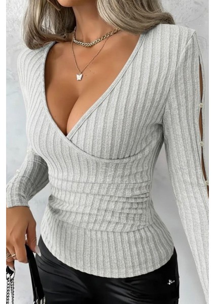 Kruvaze Yaka Şardonlu Kaşkorse Bluz - Gri