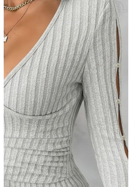 Kruvaze Yaka Şardonlu Kaşkorse Bluz - Gri fiyatları