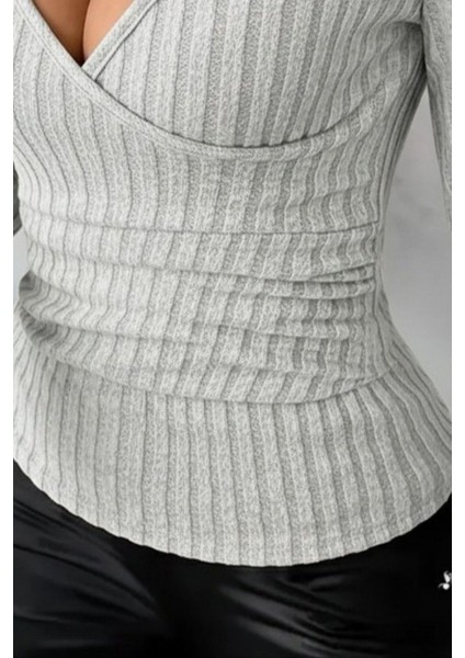 Kruvaze Yaka Şardonlu Kaşkorse Bluz - Gri modelleri