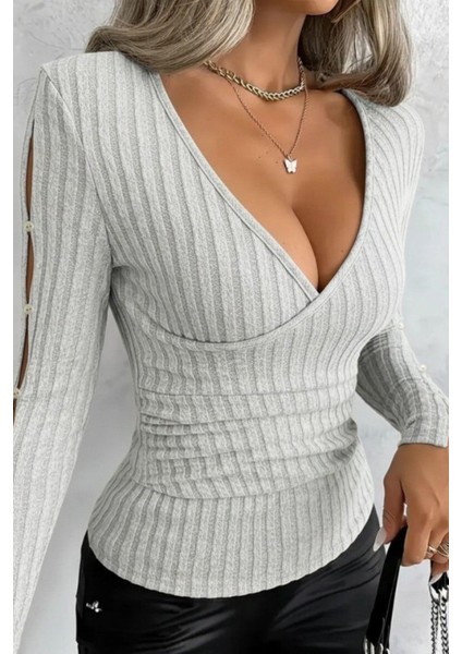 Kruvaze Yaka Şardonlu Kaşkorse Bluz - Gri fırsatları