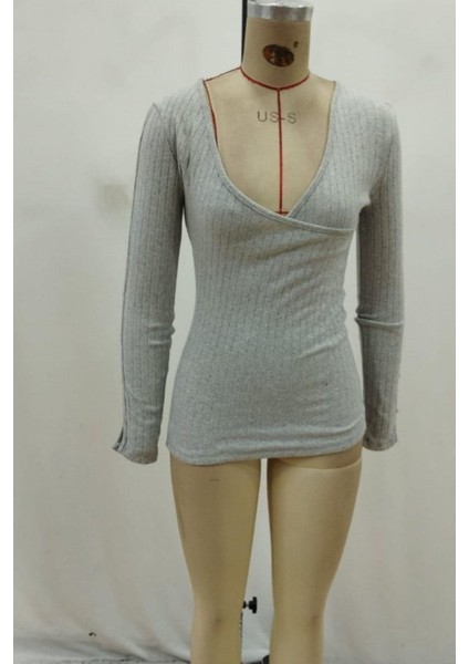 Kruvaze Yaka Şardonlu Kaşkorse Bluz - Gri indirimleri