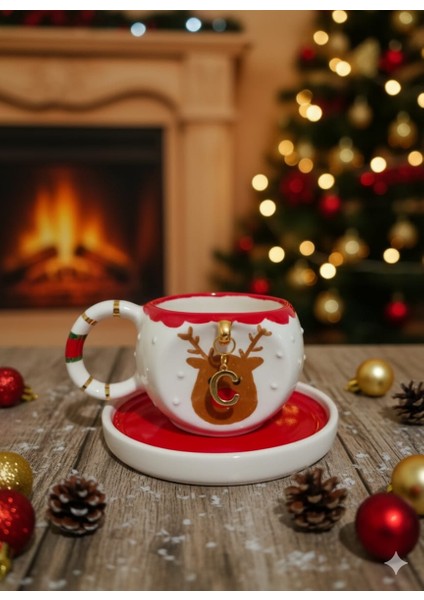 Ceresshop Yılbaşı Hediyesi –elyapımı Harf Charmlı Geyik Fincan(Sipariş Sonrası Harf Için Mesajla Belirtinz)