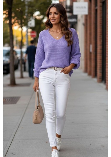 V Yaka Düğmeli Triko Bluz - Lila