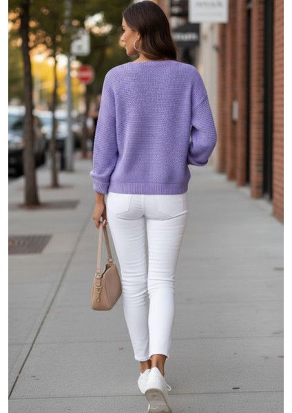 V Yaka Düğmeli Triko Bluz - Lila fiyatları