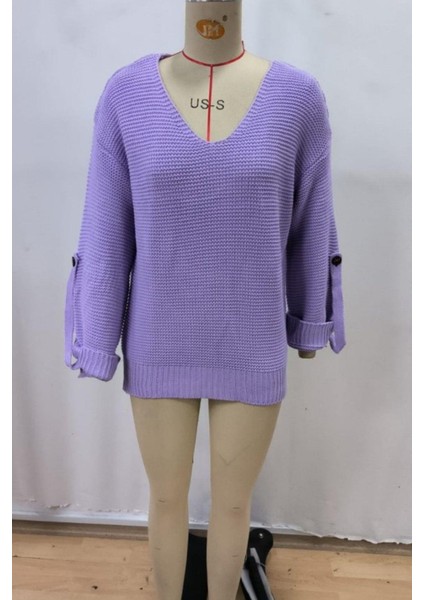 V Yaka Düğmeli Triko Bluz - Lila modelleri