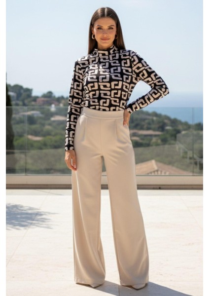 Kadın Modern Desenli Yarım Boğaz Bluz – Şık Günlük & Ofis Stil – Siyah/bej fiyatları