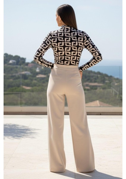 Kadın Modern Desenli Yarım Boğaz Bluz – Şık Günlük & Ofis Stil – Siyah/bej fırsatları