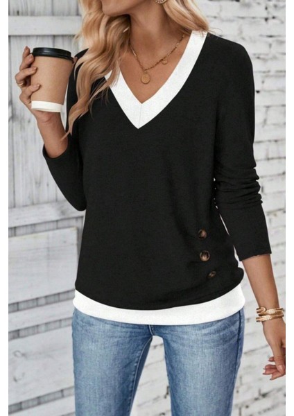 Uzun Kollu Düğmeli Yün Viskon Bluz - Siyah