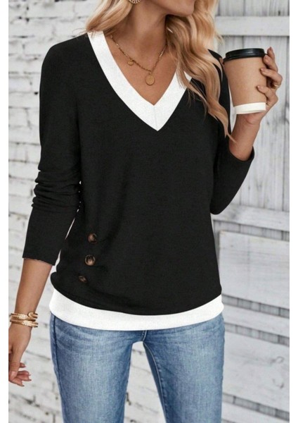 Uzun Kollu Düğmeli Yün Viskon Bluz - Siyah modelleri