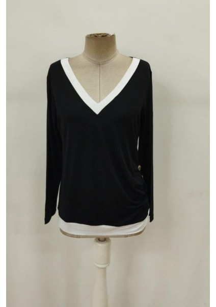 Uzun Kollu Düğmeli Yün Viskon Bluz - Siyah fırsatları