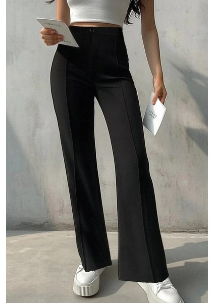 Kadın Yüksek Bel Nervurlu Ithal Krep Pantolon