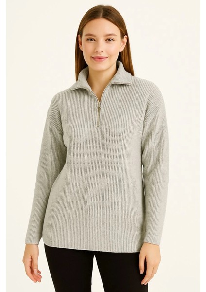 Kadın Yarım Fermuarlı Triko Kazak – Selanik Örgü, Dik Yaka, Pamuklu Dokuma, Regular Fit Uzun K