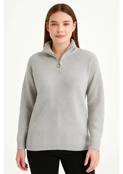 Kadın Yarım Fermuarlı Triko Kazak – Selanik Örgü, Dik Yaka, Pamuklu Dokuma, Regular Fit Uzun K fiyatları