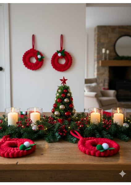 El Yapımı Kırmızı Örgü Yılbaşı Ağacı Süsü, Mini Çelenk, Mevsimlik Dekorasyon, 2'li Set
