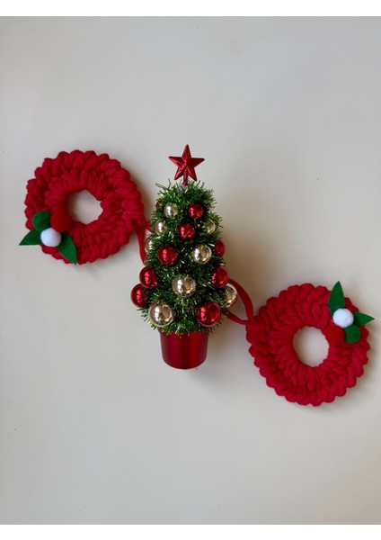 El Yapımı Kırmızı Örgü Yılbaşı Ağacı Süsü, Mini Çelenk, Mevsimlik Dekorasyon, 2'li Set fiyatları