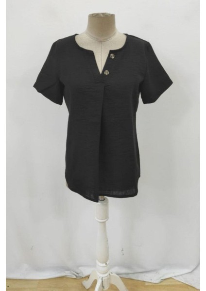 Rahat Kesim Düğmeli V Yaka Keten Bluz - Siyah modelleri