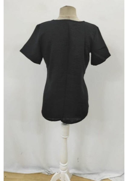 Rahat Kesim Düğmeli V Yaka Keten Bluz - Siyah fırsatları