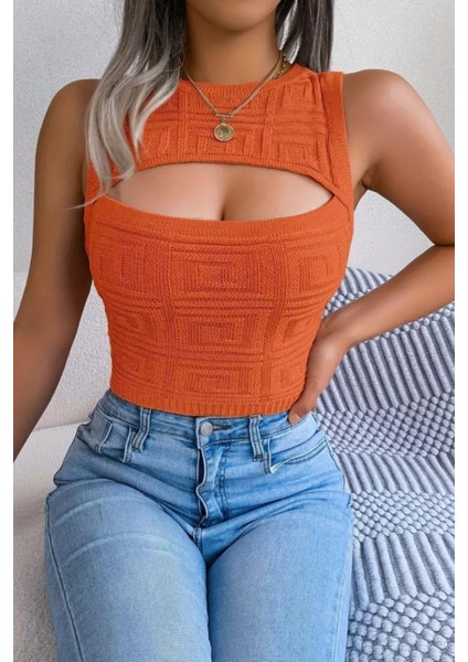 Göğüs Detaylı Kolsuz Triko Crop Bluz - Turuncu fiyatları