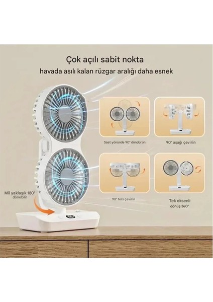 Bfs Masaüstü Dijital Ekranlı Çift Fanlı LED Işıklı Soğutucu Fan Ev Ofis Şarjlı Vantilatör