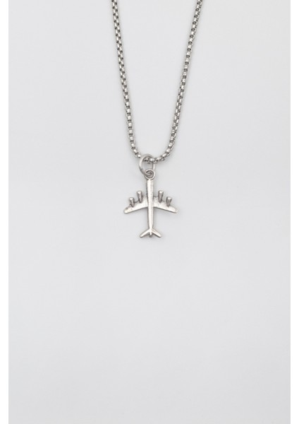 Küçük Uçak Örme Zincir Kolye - Antik Gümüş Kaplama - Kadın Erkek - 60 cm