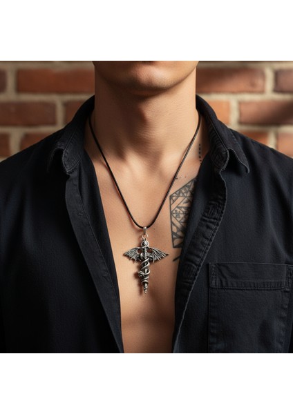 Gotik - Kılıç Yılan Yarasa Gümüş Kaplama Deri İp Kolye