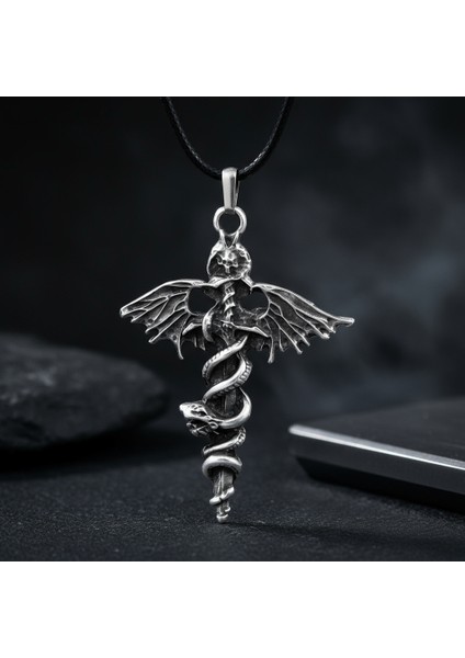 Gotik - Kılıç Yılan Yarasa Gümüş Kaplama Deri İp Kolye modelleri