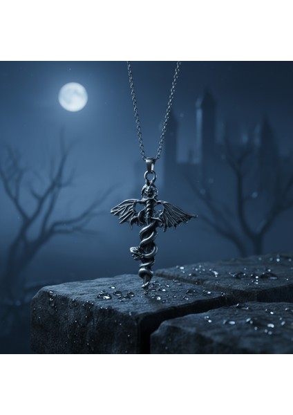 Gotik - Kılıç Yılan Yarasa Gümüş Kaplama Deri İp Kolye indirimleri