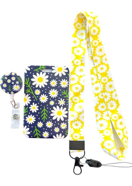 Yaka Kartlığı Yoyo ve Boyun Ipi Seti, Premium Kartlık Koruyucu Yoyo ve Askılı Kartlık Papatya